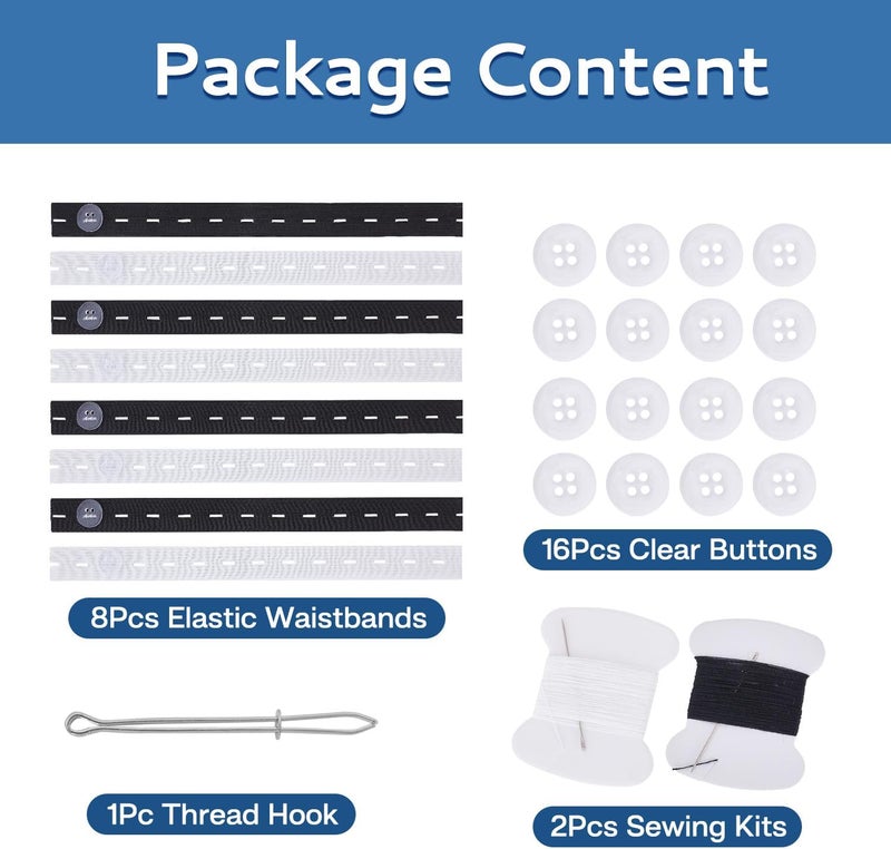 Dfqsofd 8Pcs Pant Waist Tightener, Waist Adjuster for Loose Jeans Elastic Waistband Adjuster Black and White Waistband Tightener with 16 Buttons, 2 Sewing Kit & 1 Thread Hook for Women Men - Image 3